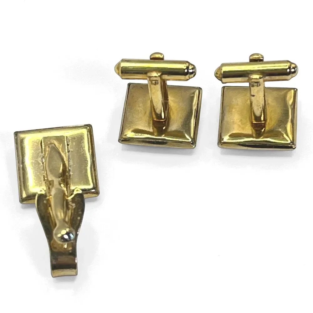 Vintage Gladiator Warrior Cufflinks Tie Clip Set Gold Tone Black Intaglio Cameo